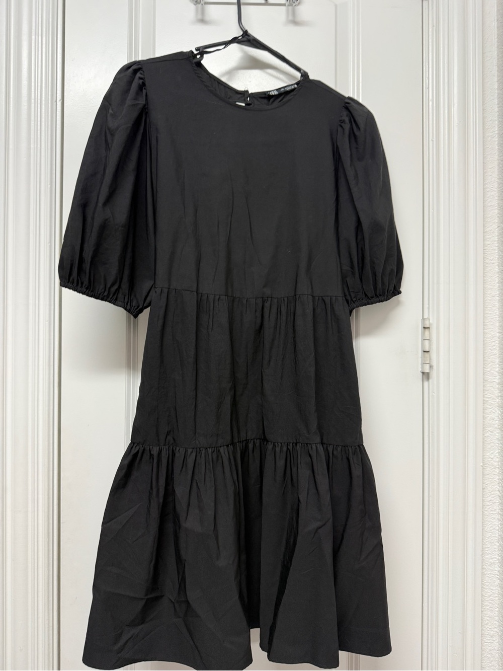 Zara Black Puff-Sleeve Tiered Dress - open back